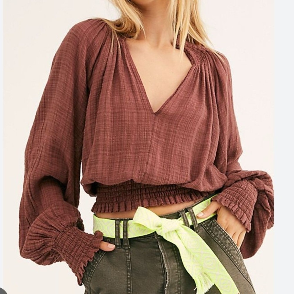 Free People FP One RUST* Smocked Gauze Blouse Ruffle Neck Long Sleeve Small